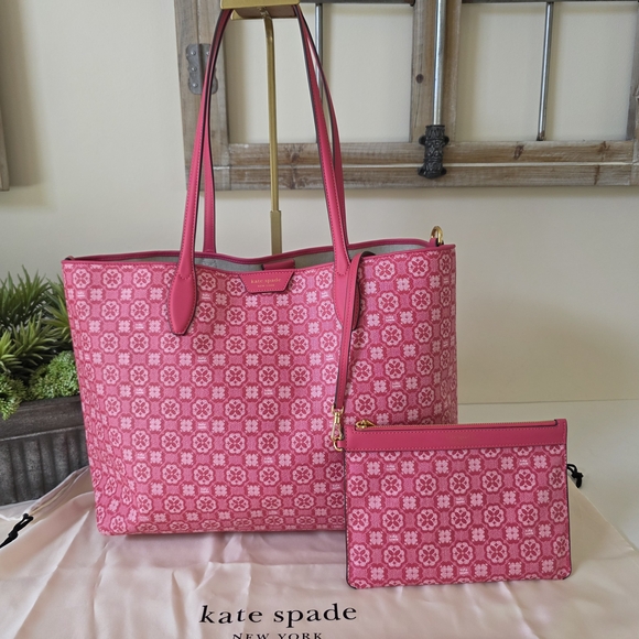 Kate Spade Raspberry Pink Spade Flower Monogram XL Canvas Tote + Pouch- NWOT